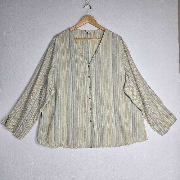 J. Jill 100% Linen Top 3X Green Multi Pin Stripe Button Front Boxy Coastal - Picture 13 of 13